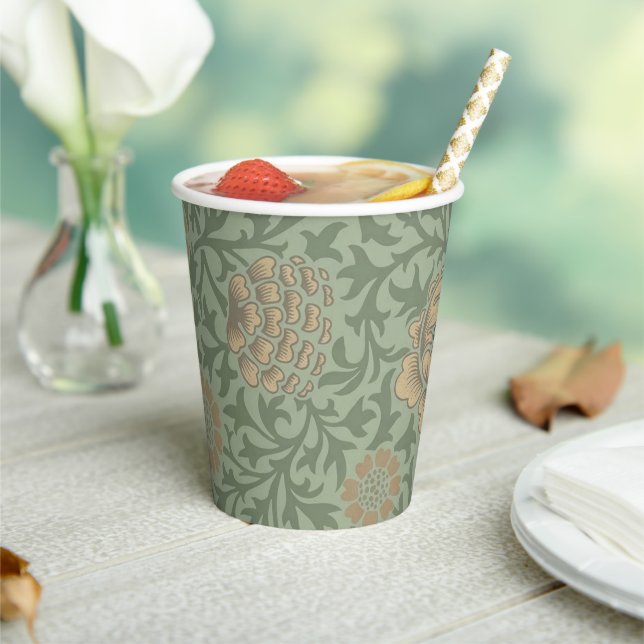 William Morris Grafton Floral Pattern Sage Green  Paper Cups (Insitu)