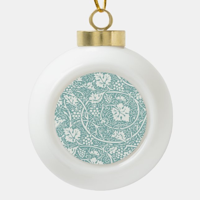 William Morris Grape Pattern Teal Turquoise Ceramic Ball Christmas Ornament (Front)