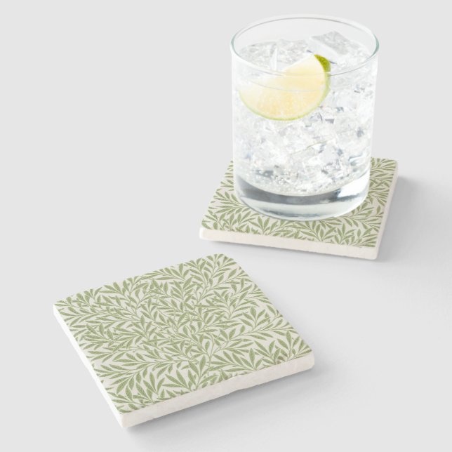 William Morris Green Floral Botanical Pattern Stone Coaster (Side)
