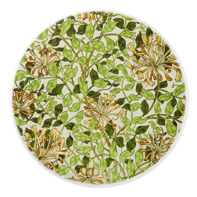 William Morris Green Honeysuckle Floral Wallpaper Ceramic Knob (Front)