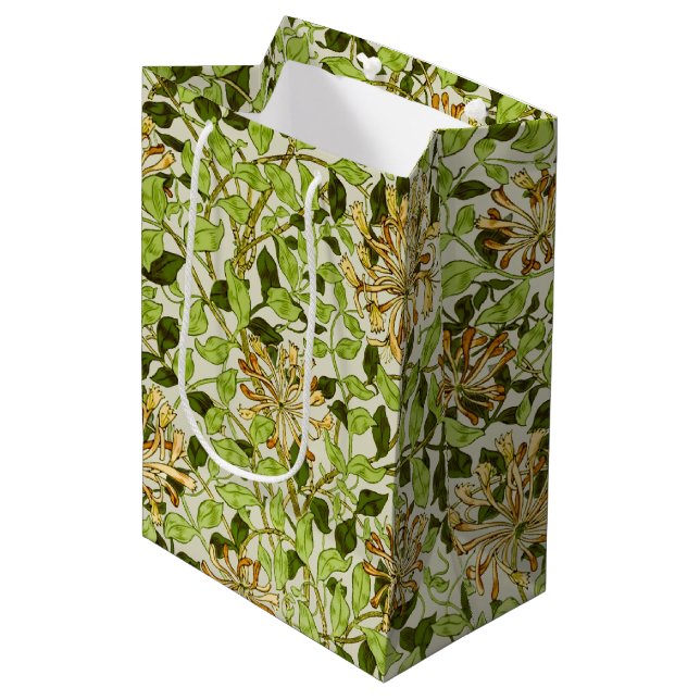 William Morris Green Honeysuckle Floral Wallpaper Medium Gift Bag (Front Angled)
