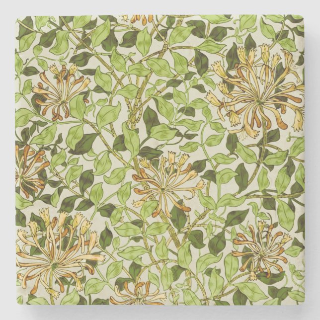 William Morris Green Honeysuckle Floral Wallpaper Stone Coaster (Front)