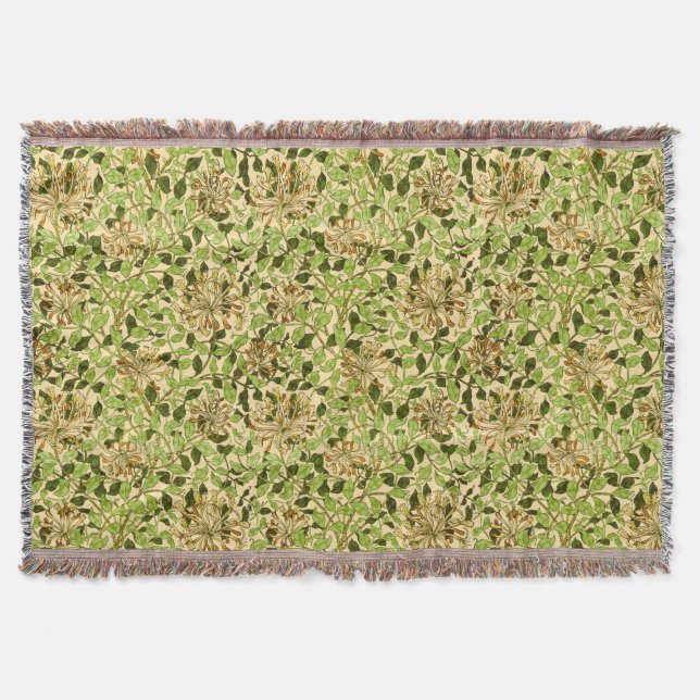 William Morris Green Honeysuckle Floral Wallpaper Throw Blanket (Front)