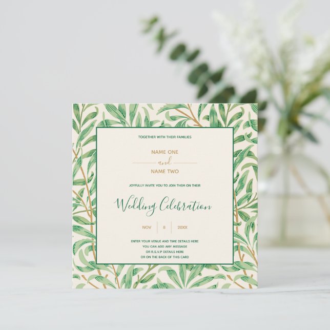 William Morris green leafy pattern wedding Invitation (Standing Front)