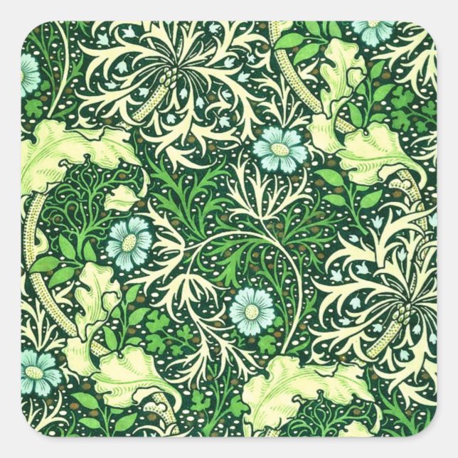 William Morris - Green Seaweed Pattern Square Sticker (Front)