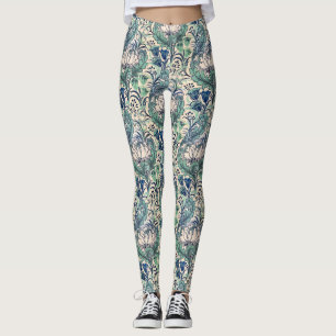 William Morris Green Teal Cream Floral Pattern Leggings