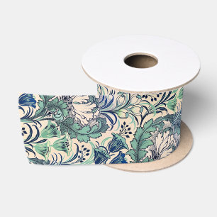 William Morris Green Teal Cream Floral Pattern Satin Ribbon