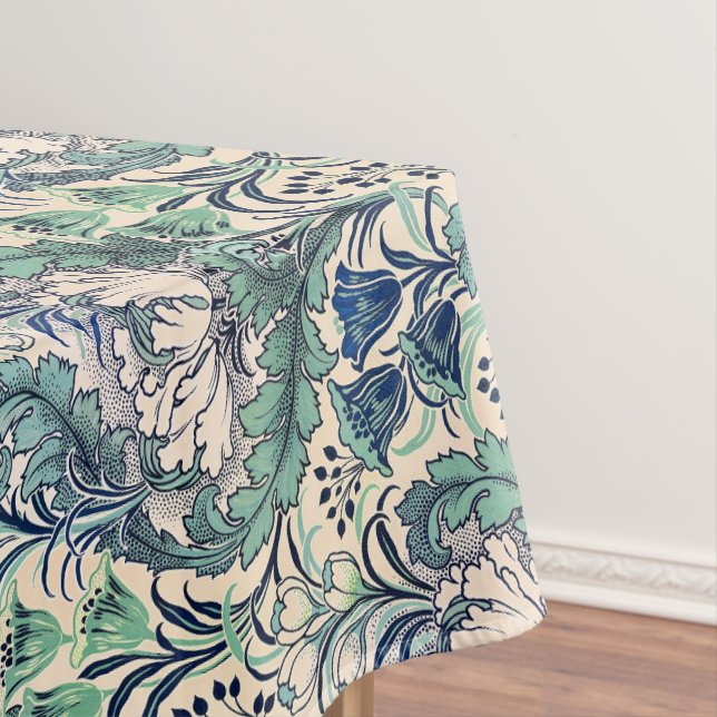 William Morris Green Teal Cream Floral Pattern  Tablecloth (In Situ)