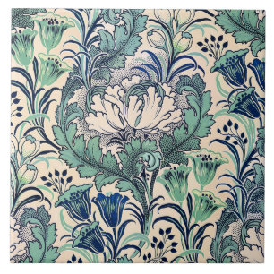 William Morris Green Teal Cream Floral Pattern Tile