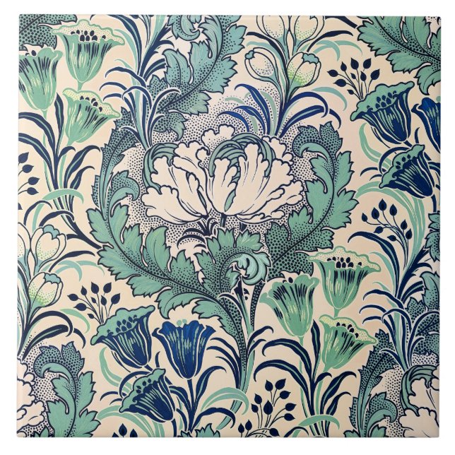 William Morris Green Teal Cream Floral Pattern  Tile (Front)