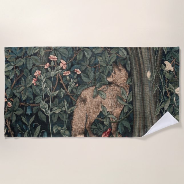 William Morris Greenery Fox Wildlife  Beach Towel (Front)
