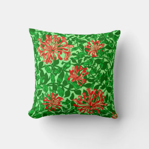 William Morris Honeysuckle, Coral Red and Green Cushion