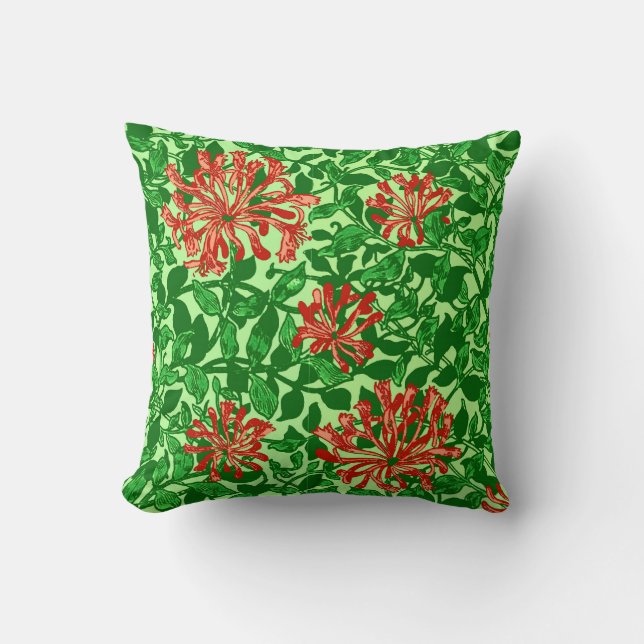 William Morris Honeysuckle, Coral Red and Green Cushion (Front)