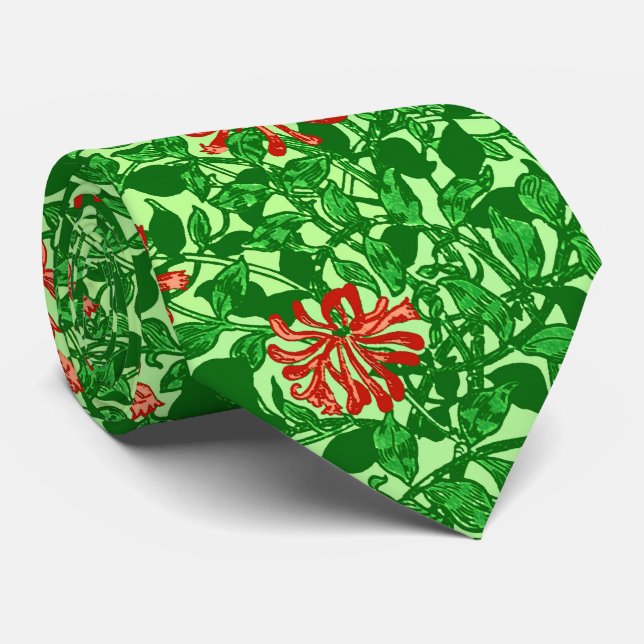 William Morris Honeysuckle, Coral Red and Green Tie (Rolled)