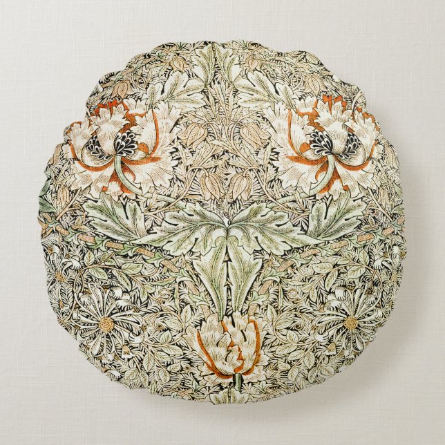 William Morris Honeysuckle Floral Wallpaper Round Cushion (Front)