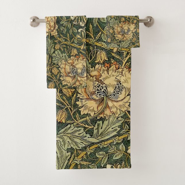 William Morris Honeysuckle Green Floral Bath Towel Set (Insitu)