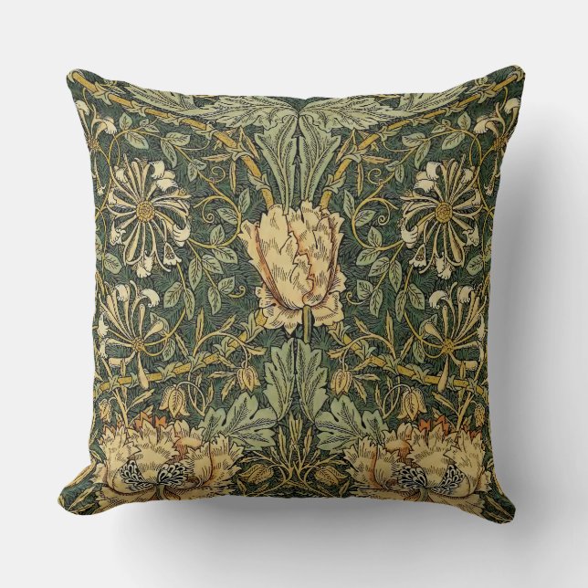 William Morris Honeysuckle Green Floral Cushion (Front)