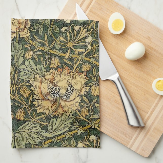 William Morris Honeysuckle Green Floral Tea Towel (Quarter Fold)