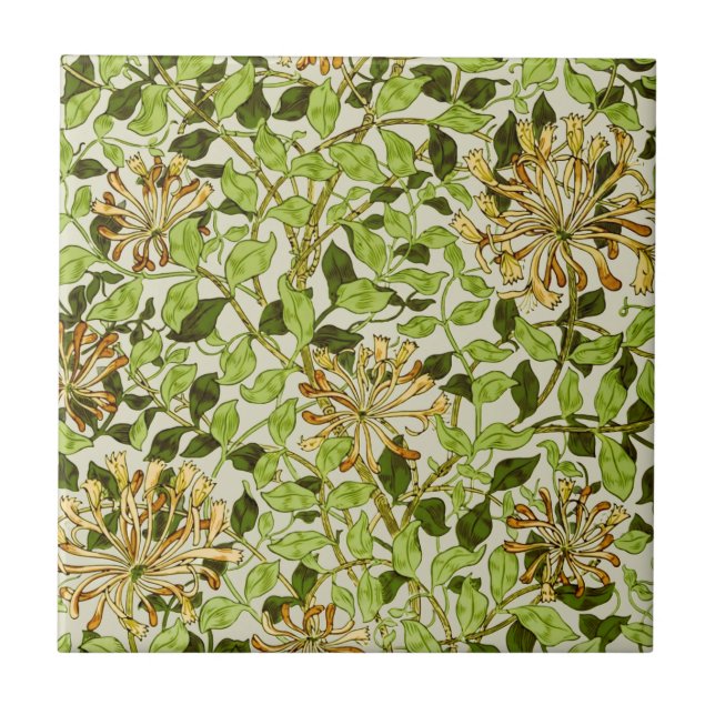William Morris Honeysuckle Green Flowers Tile (Front)