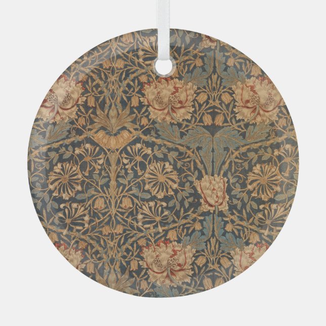 William Morris Honeysuckle Rich Red Dark Blue Glass Tree Decoration (Front)