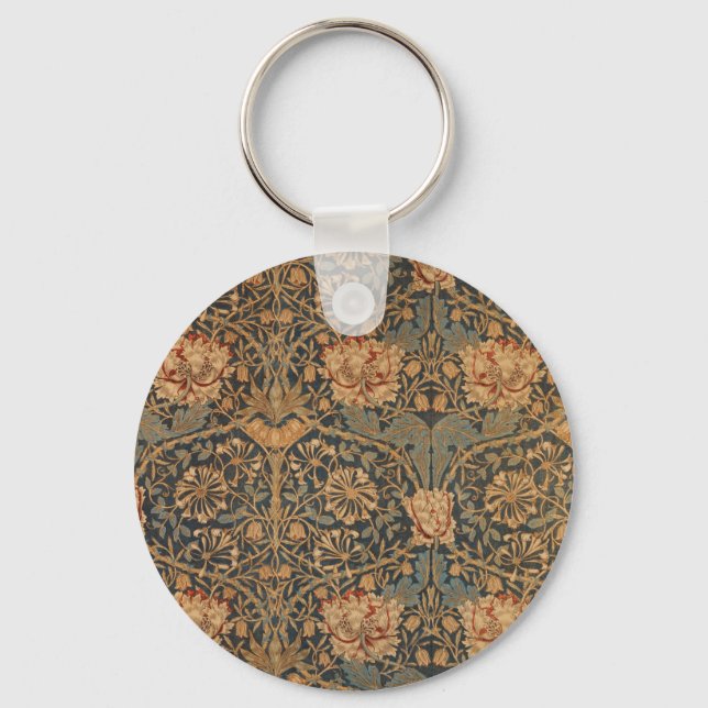 William Morris Honeysuckle Rich Red Dark Blue Key Ring (Front)