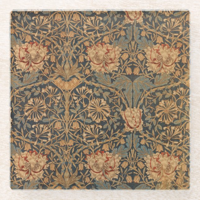 William Morris Honeysuckle Rich Wallpaper Glass Coaster (Front)