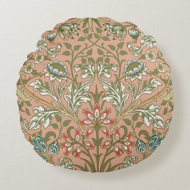 William Morris Hyacinth Pattern Dusty Rose Round Cushion (Front)