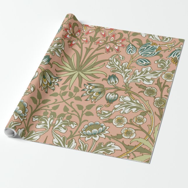 William Morris Hyacinth Pattern Dusty Rose Wrapping Paper (Unrolled)