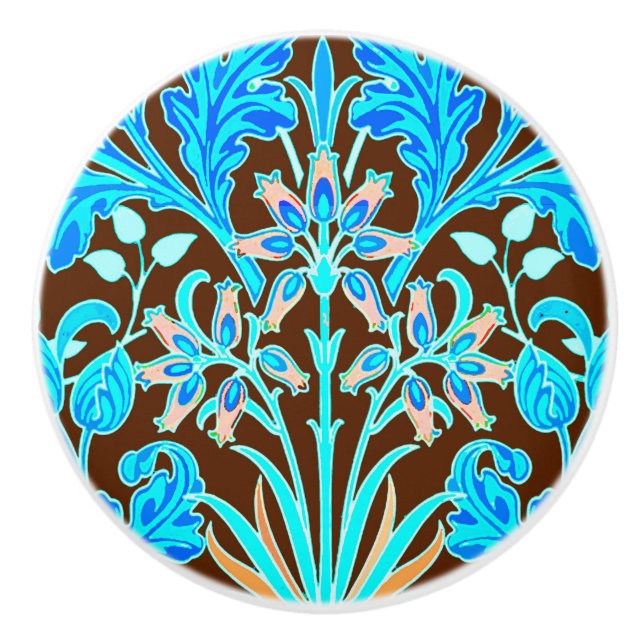 William Morris Hyacinth Print, Aqua and Brown Ceramic Knob (Front)