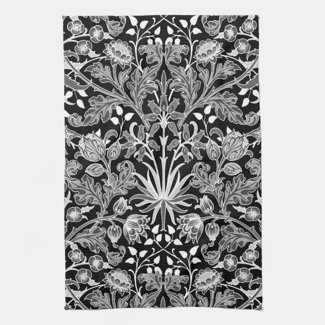 William Morris Hyacinth Print, Black and White Tea Towel (Vertical)