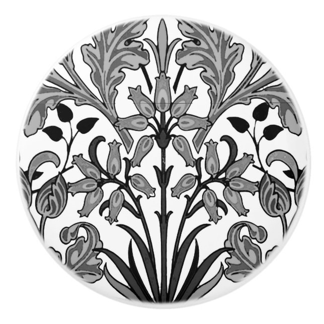 William Morris Hyacinth Print, Black, White & Grey Ceramic Knob (Front)