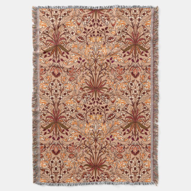 William Morris Hyacinth Print, Brown and Beige Throw Blanket (Front Vertical)