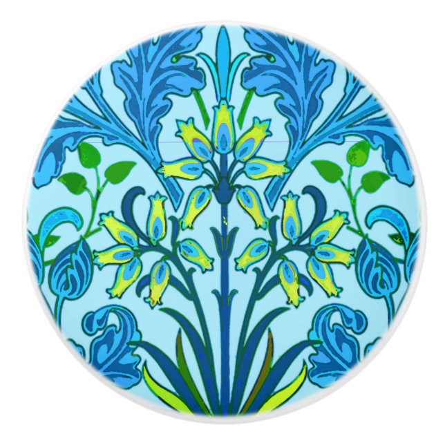 William Morris Hyacinth Print, Cerulean Blue Ceramic Knob (Front)