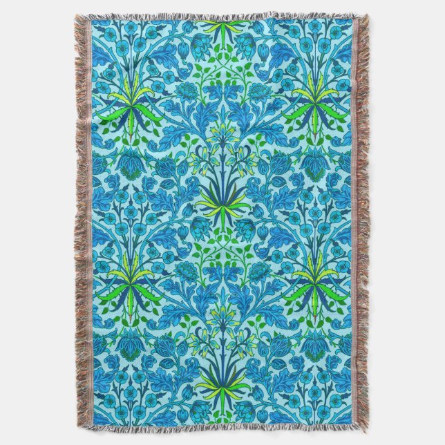 William Morris Hyacinth Print, Cerulean Blue Throw Blanket (Front Vertical)