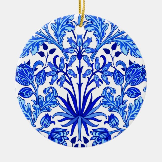 William Morris Hyacinth Print, Cobalt Blue & White Ceramic Tree Decoration (Front)