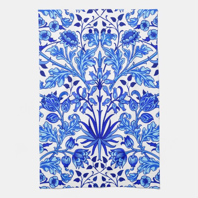 William Morris Hyacinth Print, Cobalt Blue & White Tea Towel (Vertical)