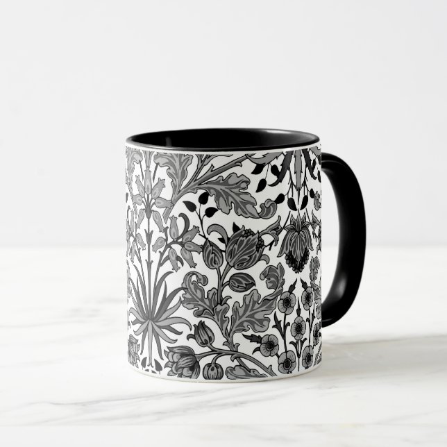 William Morris Hyacinth Print, Grey, Black & White Mug (Front Right)