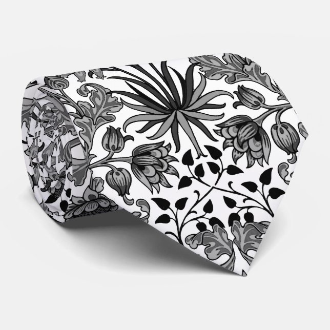 William Morris Hyacinth Print, Grey, Black & White Tie (Rolled)