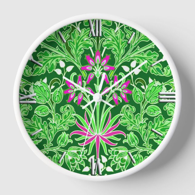William Morris Hyacinth Print Lime & Emerald Green Clock (Front)