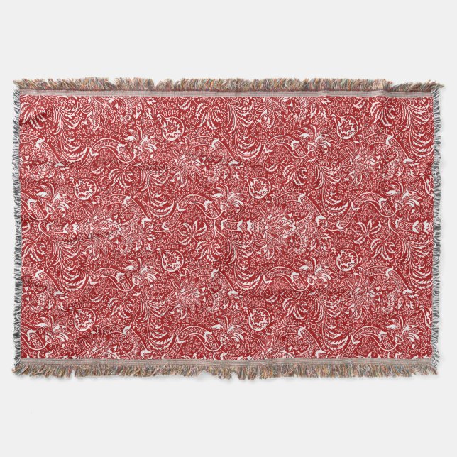 William Morris Indian, Dark Red and White  Throw Blanket (Front)