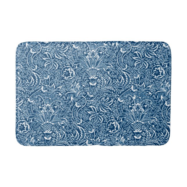 William Morris Indian, Indigo Blue and White  Bath Mat (Front)