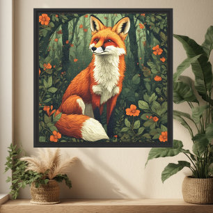 William Morris Inspired Botanical Forest Fox Wall  Canvas Print