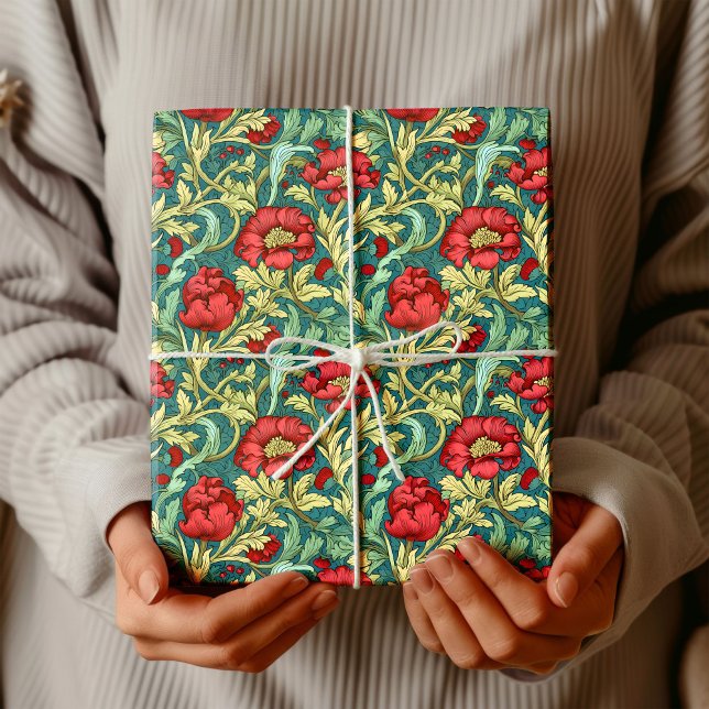 William Morris inspired deep red pastel green blue Wrapping Paper (William Morris inspired deep red pastel green blue Wrapping Paper)