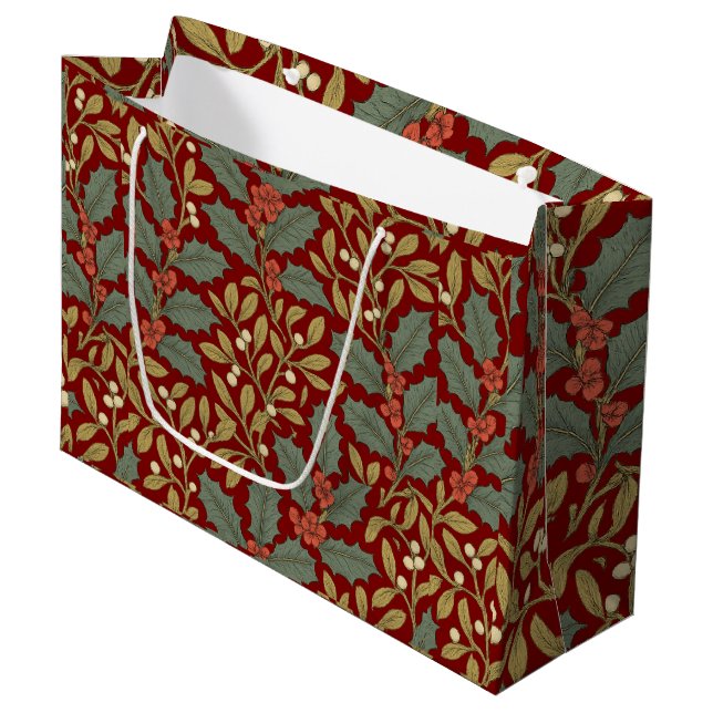 William Morris Inspired Holly & Mistletoe Large Gift Bag (Front Angled)