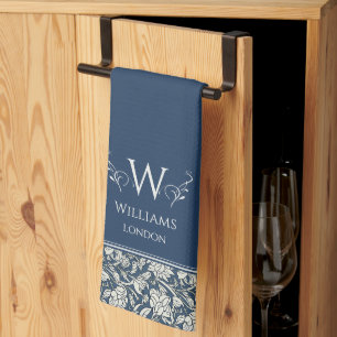 William Morris Inspired Navy Blue Floral Custom Tea Towel