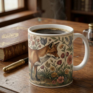 William Morris Inspired Pattern Fox in Flowers Coffee Mug