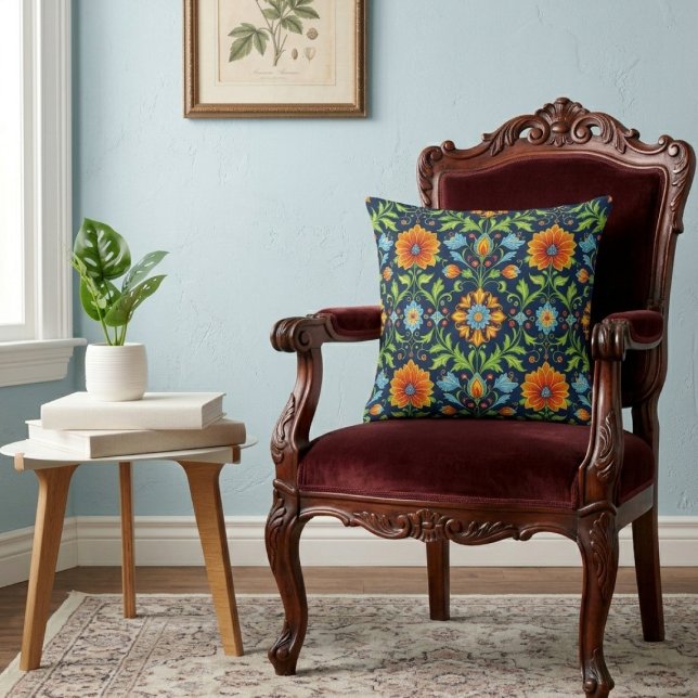 William Morris Inspired Pattern Orange Blue Flower Cushion (William Morris Inspired Pattern Orange Blue Flower Throw Pillow by Ricaso, Vintage twist modern art)