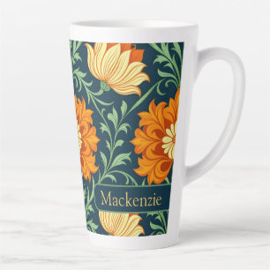William Morris Inspired Pattern Orange Flower Latte Mug