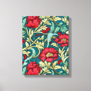 William Morris Inspired Red Flowers Pattern Canvas Print