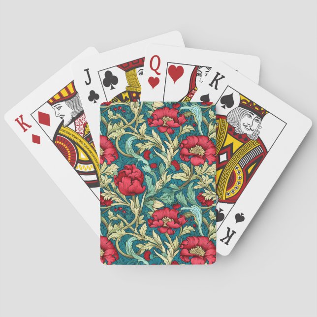 William Morris Inspired Red Flowers Pattern Playing Cards (Back)